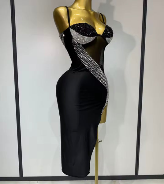 Women Sexy Sleeveless Black Rhinestone Mesh Patchwork Dress