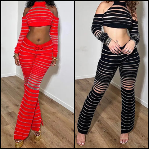 Women Fashion Full Sleeve Mesh Patchwork Two Piece Pant Set