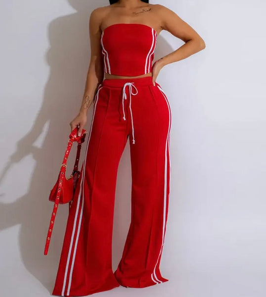 Women Color Sexy Strapless Striped Two Piece Pant Set