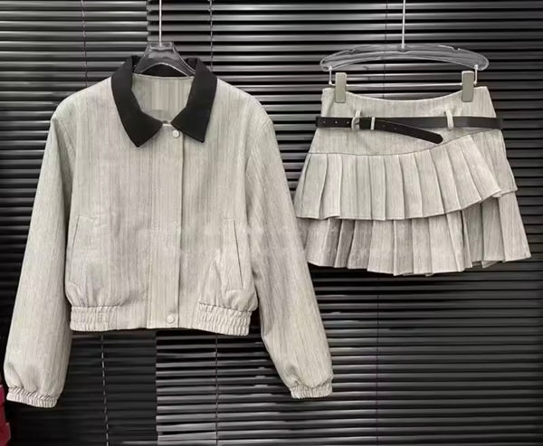 Women Fashion Jacket Two Piece Ruffle Pleated Skirt Set