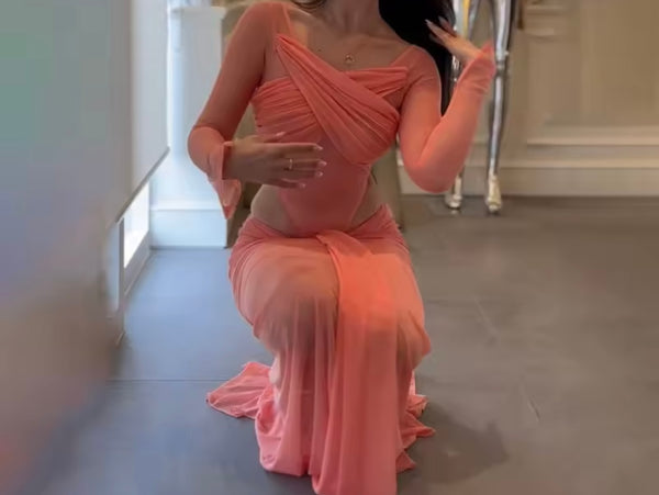 Women Sexy Solid Color Mesh Full Sleeve Bodysuit Two Piece Maxi Skirt Set