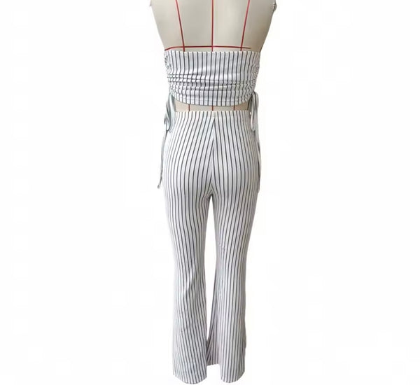 Women Strapless B&W Striped Tube Top Two Piece Pant Set