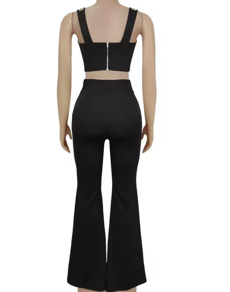 Women Fashion Sleeveless Color Rivet Two Piece Pant Set