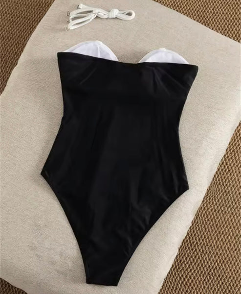 Women Sexy B&W Strapless Ruched Sweatsuit