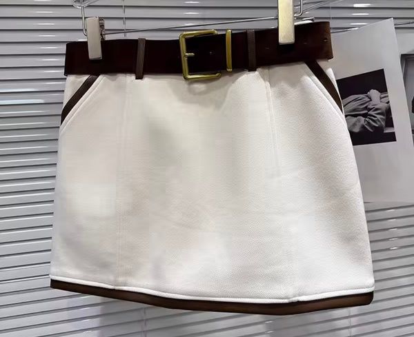 Women Color Belted Fashion Short Skirt