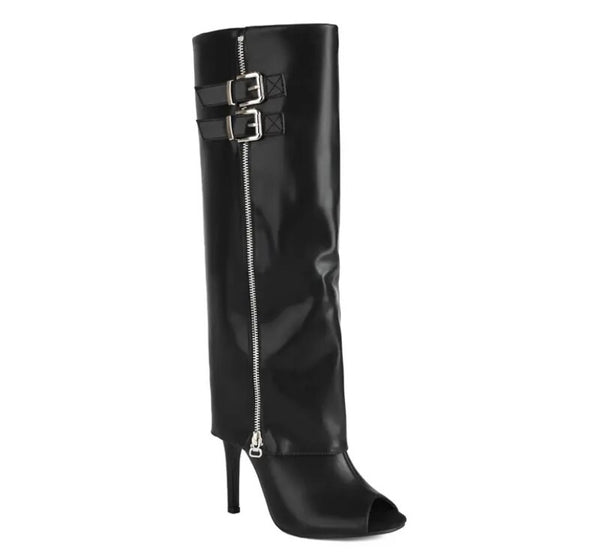 Women Open Toe Side Buckled Zipper Fashion Faux Leather Boots