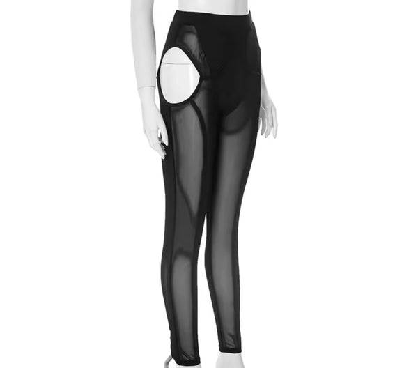 Women Sexy Black Cut Out Mesh Pant Set