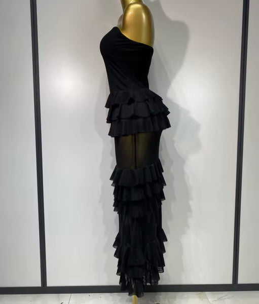 Women Black Strapless Sexy Ruffled Mesh Maxi Dress