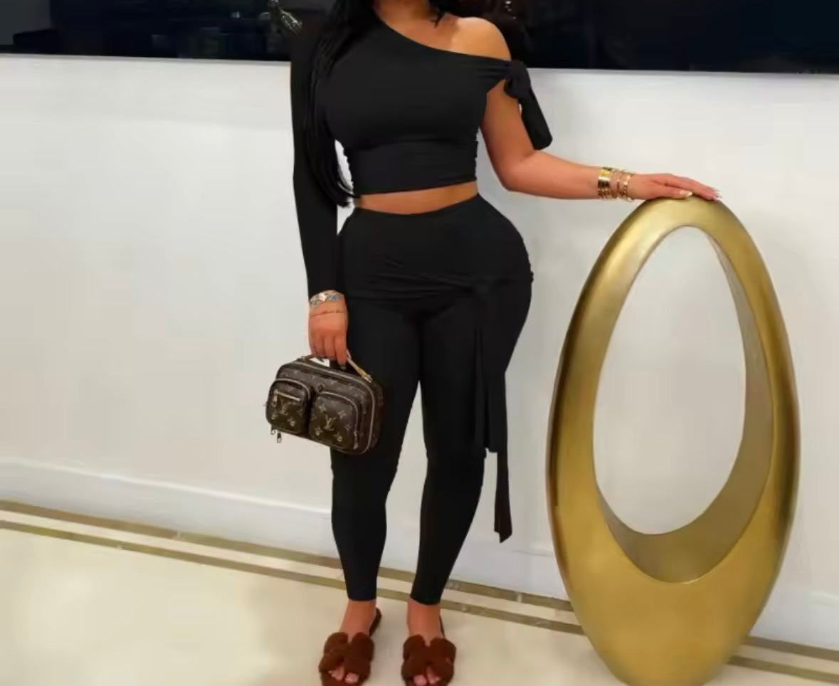 Women Solid Color Tie Up One Shoulder Two Piece Pant Set