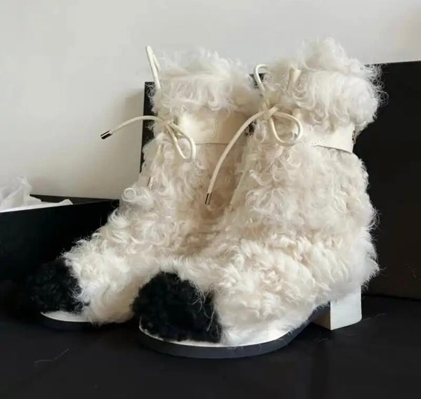 Women Fashion Color Patchwork Faux Fur Lace Up Ankle Boots