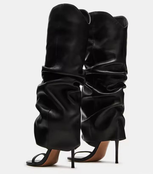 Women Black Open Toe Ruched Faux Leather Fashion Boots
