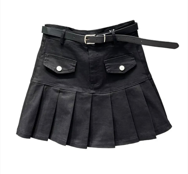 Women Pocket Pleated Fashion Denim Skirt