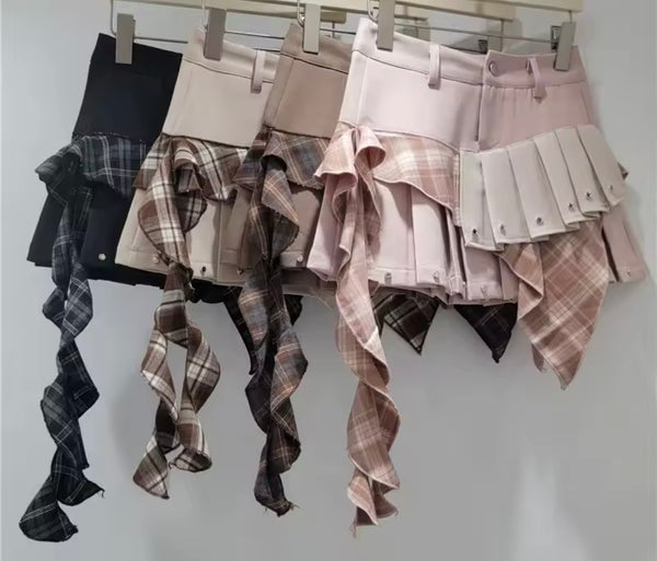 Women Color Patchwork Plaid Pleated Fashion Skirt