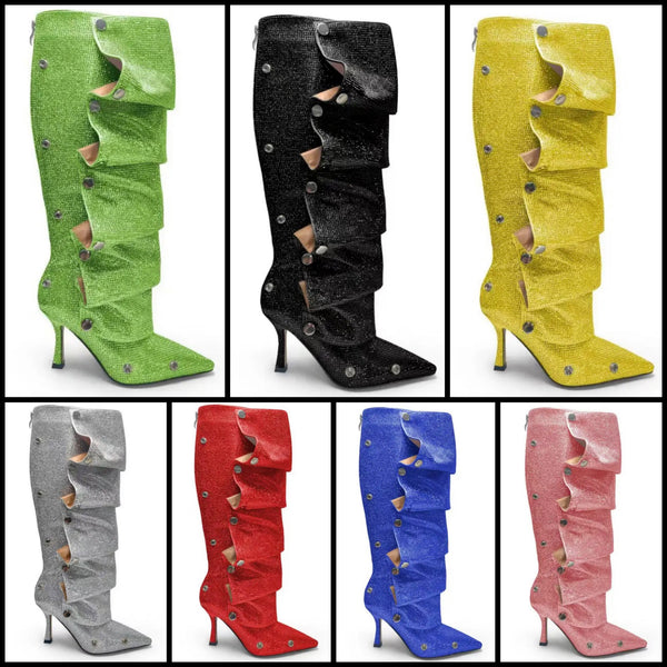 Women Fashion Pointed Toe Bling Button Knee High Boots