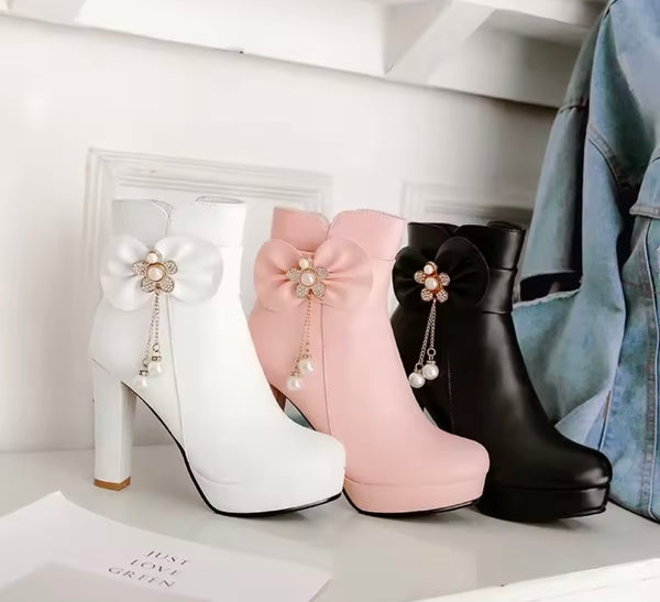 Women Fashion Bling Bow Pearl Tassel High Heel Ankle Boots