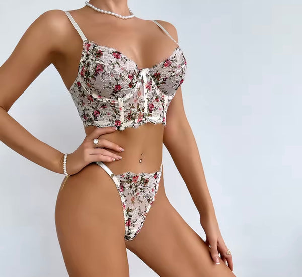 Women Sexy White Floral Lace Mesh Lingerie Set