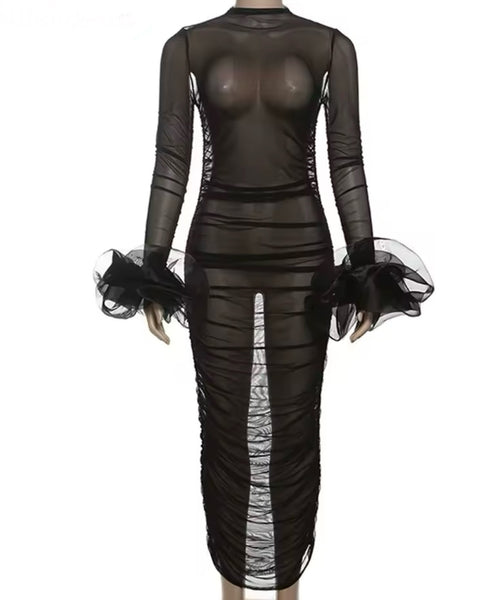 Women Sexy Black Ruffled Full Sleeve Mesh Maxi Dress