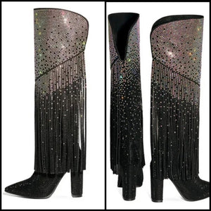 Women Color Patchwork Bling Tassel Fashion Knee High Boots