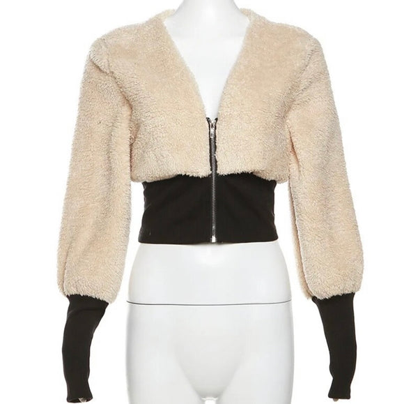 Women Fashion Faux Fur Full Sleeve Zip Up Crop Top