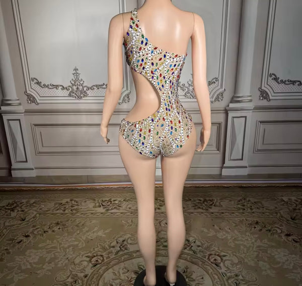 Women Sexy One Shoulder Color Rhinestone Swimsuit