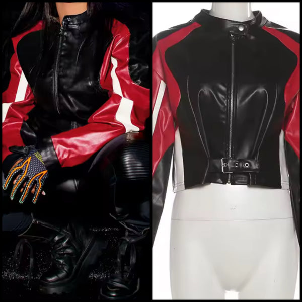Women Fashion Black Color Block Faux Leather Buckled Zip Up Jacket