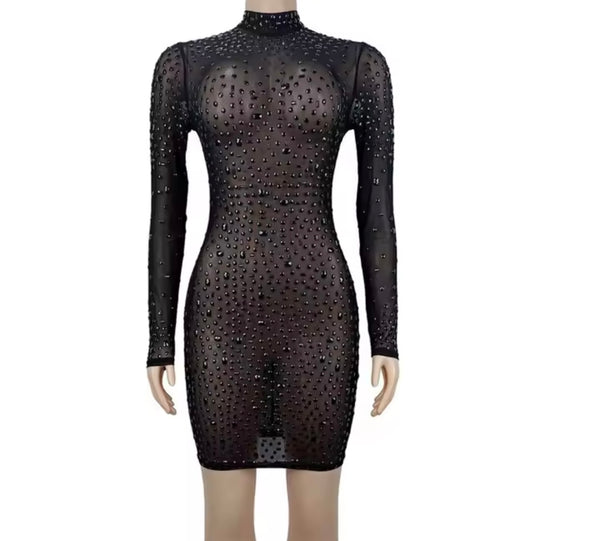 Women Sexy Crystal Mesh Full Sleeve Dress
