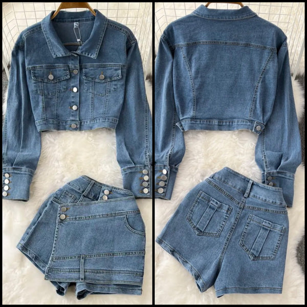 Women Full Sleeve Fashion Two Piece Denim Short Set