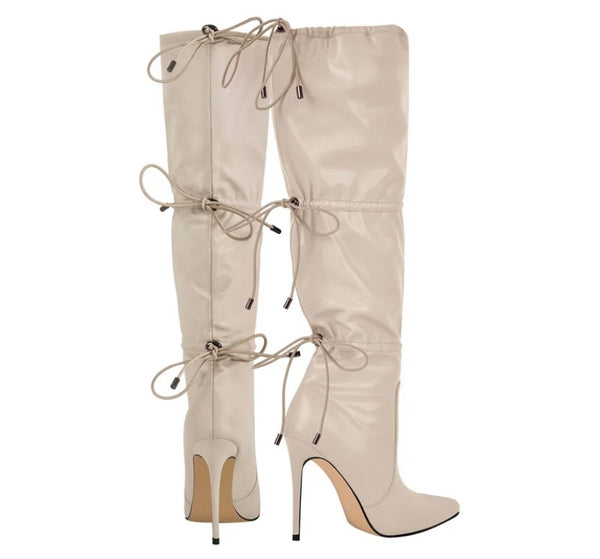 Women Fashion Faux Leather High Heel Tie Up Knee High Boots