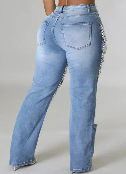 Women Fashion Beaded Pearl Ripped Denim Pants