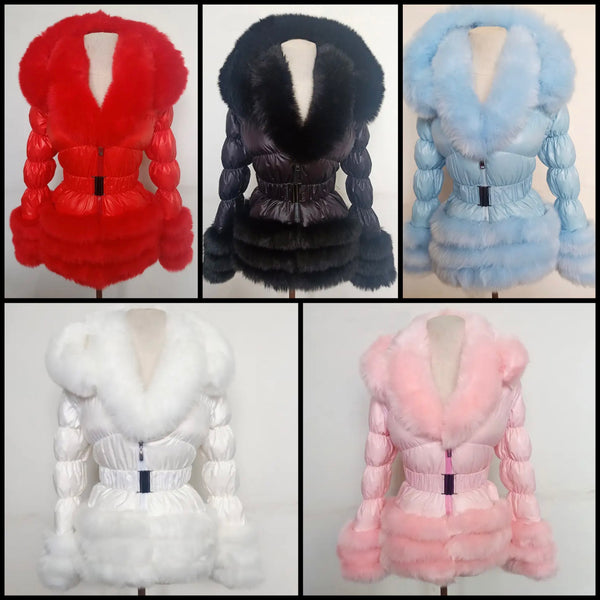 Women Fashion Hooded Faux Fur Patchwork Belted Jacket