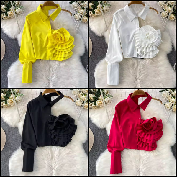 Women Button Up Fashion Floral One Shoulder Full Sleeve Top