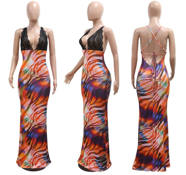 Women Sexy Sleeveless Lace Patchwork Printed Maxi Dress