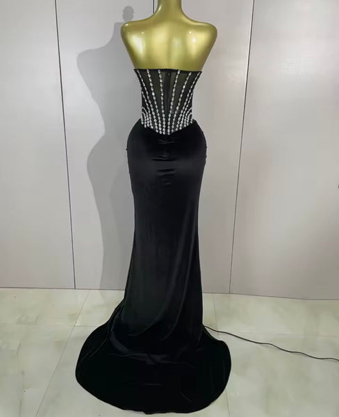 Women Sexy Strapless Glove Rhinestone Velour Maxi Dress
