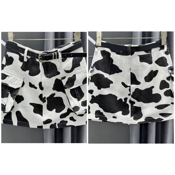 Women Fashion B&W Animal Print Denim Skirt
