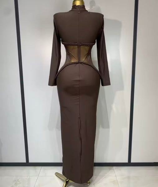 Women Brown Turtleneck Full Sleeve Rope Mesh Patchwork Maxi Dress