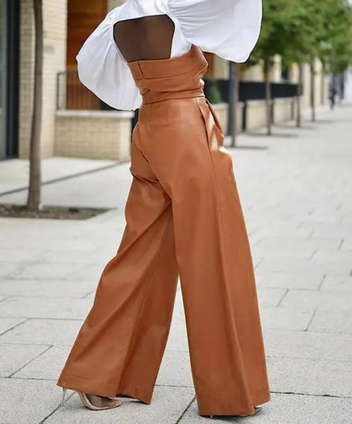 Women Sexy Fashion Strapless Faux Leather Wide Leg Jumpsuit