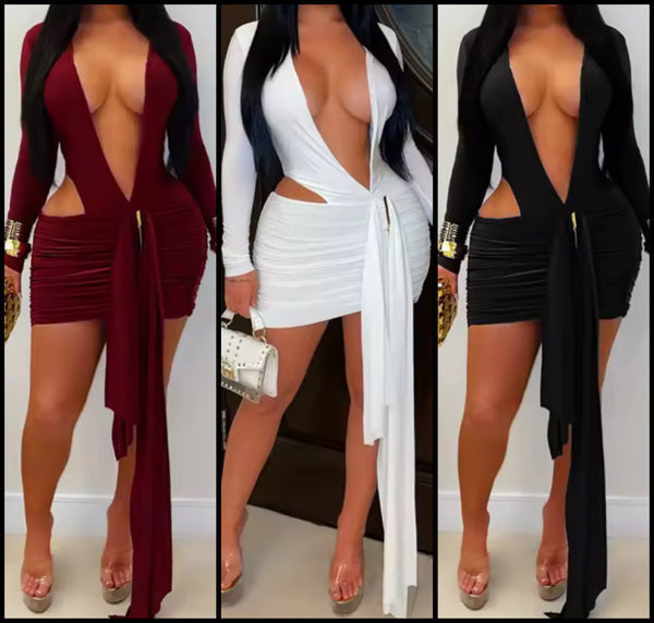 Women Sexy Deep V-Neck Full Sleeve Cut Out Tassel Dress