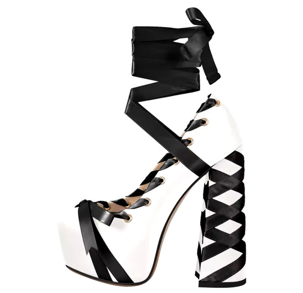 Women Color Lace Up Platform Fashion High Heels