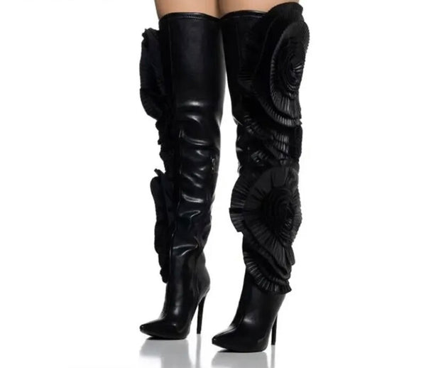 Women Fashion Faux Leather Black Flower Knee High Boots