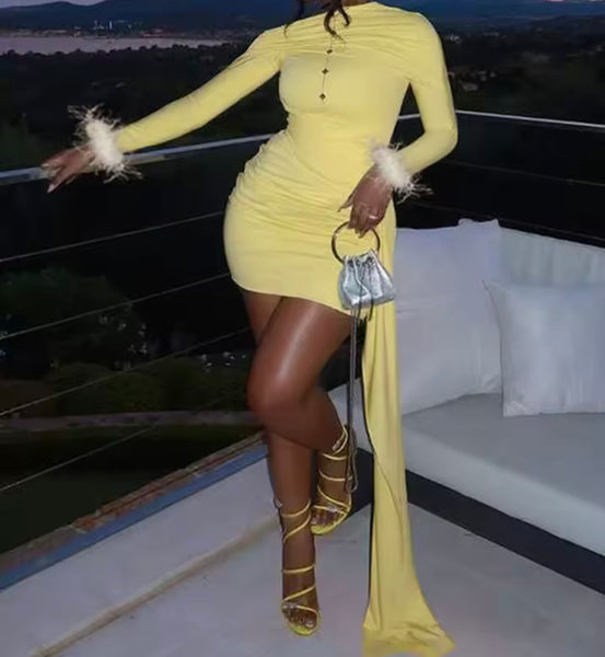 Women Sexy Yellow Feather Full Sleeve Ruched Dress