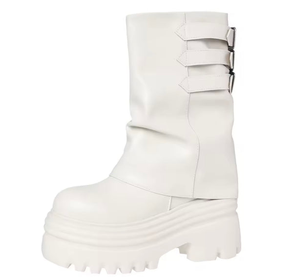 Women Fashion Round Toe Buckled Platform Boots