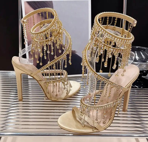 Women Fashion Open Toe Bling Tassel High Heel Sandals