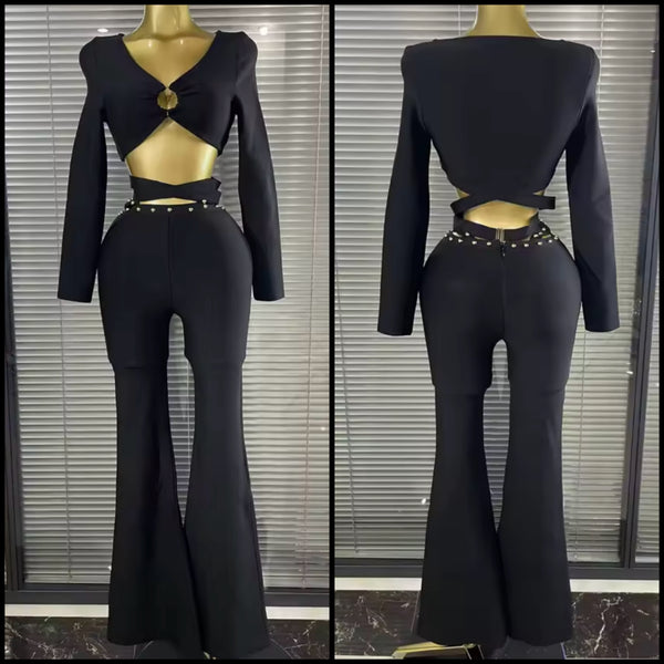 Women Black Full Sleeve Crop Rivet Two Piece Pant Set