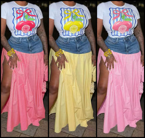 Women Fruit Print Short Sleeve Plaid Denim Two Piece Skirt Set
