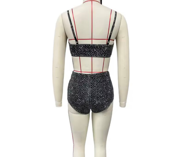 Women Sexy Black Bling Jacket Three Piece Short Set