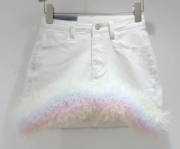 Women Fashion Ruffled Mesh Patchwork Denim Skirt