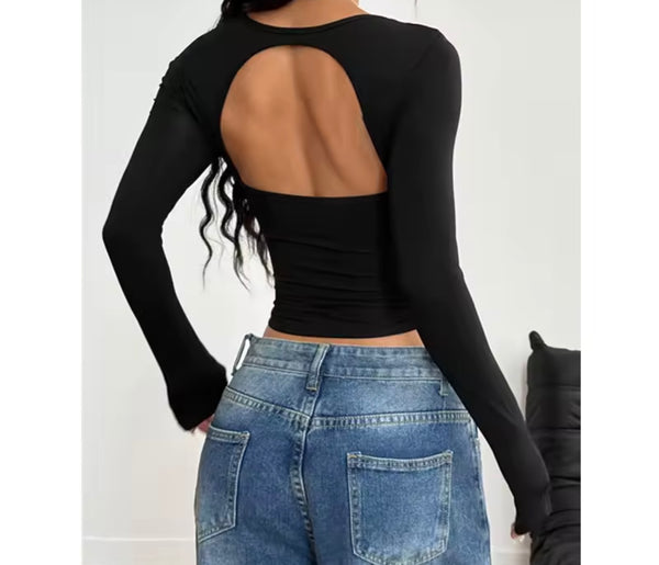 Women Fashion Color Open Back Full Sleeve Crop Top