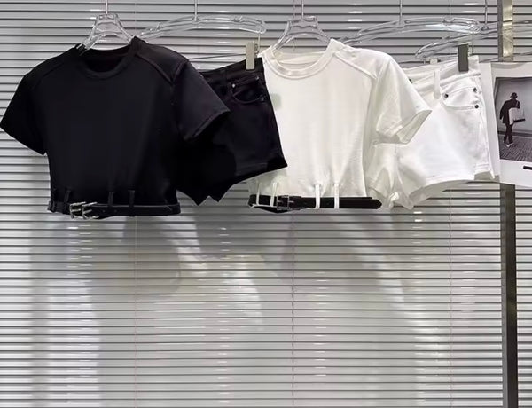 Women Fashion Belted Short Sleeve Crop Two Piece Short Set