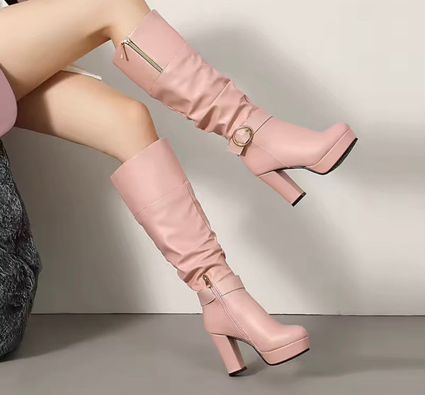 Women Round Toe Zip Up Buckle Platform High Heel Boots