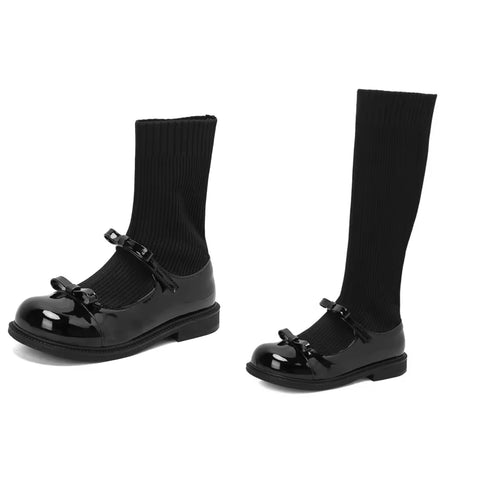Women Fashion Black Bow Sock Flat Ankle/Mid Calf Boots